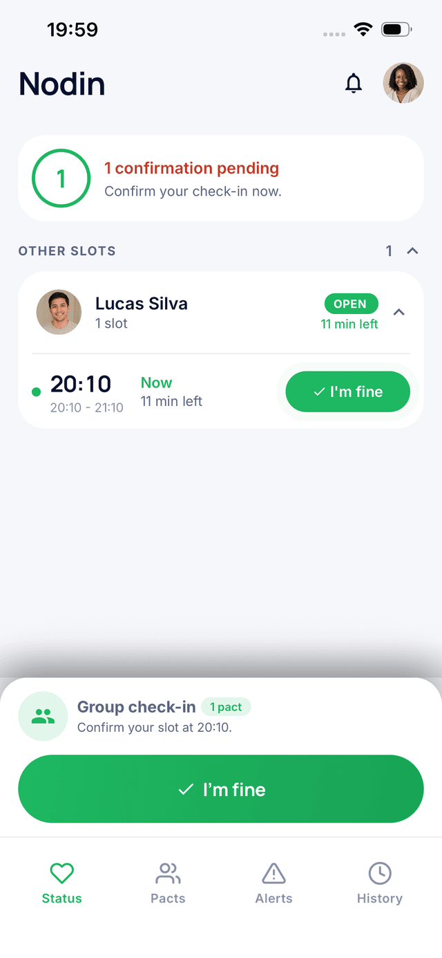 Nodin app daily check-in screen