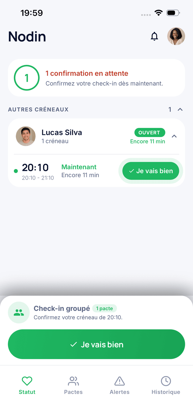Écran de check-in quotidien de l'application Nodin